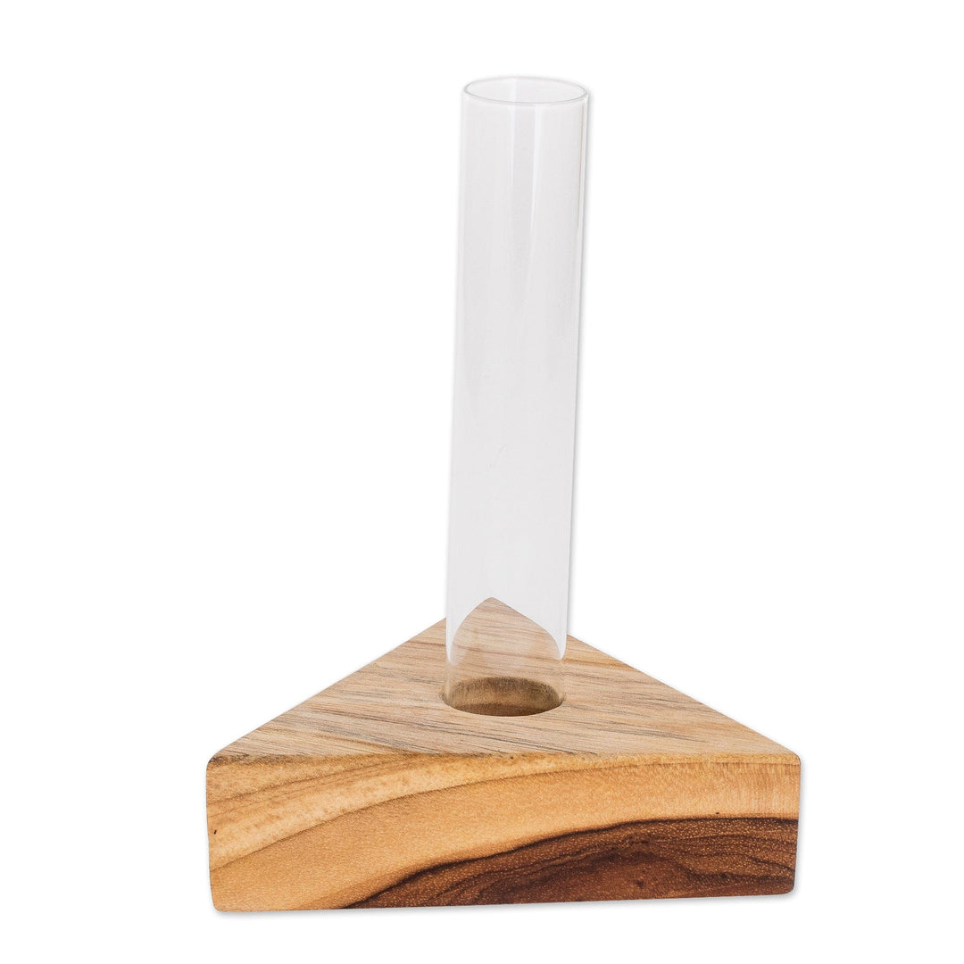 Glass Tube Vase with Teak Wood Stand Made in Guatemala - Home Glamour