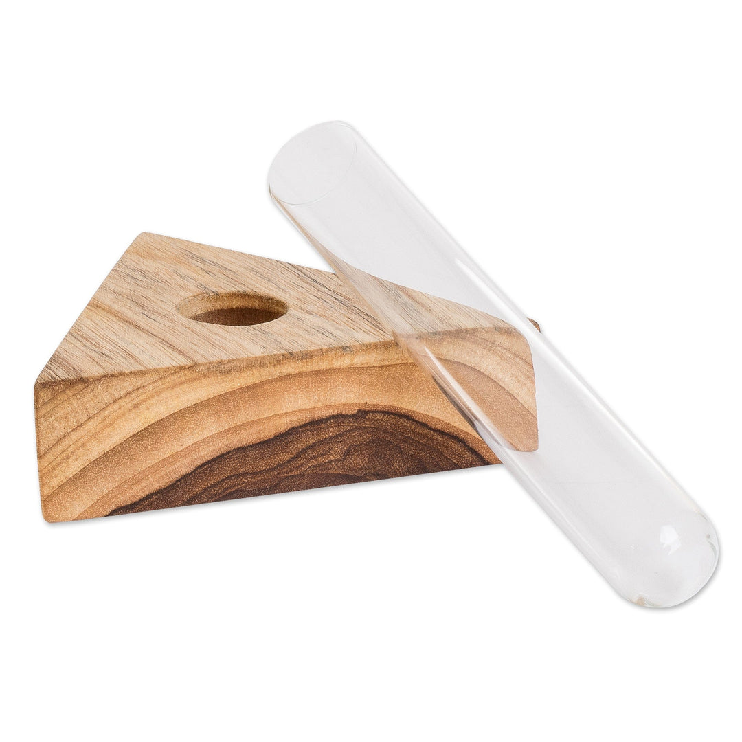 Glass Tube Vase with Teak Wood Stand Made in Guatemala - Home Glamour