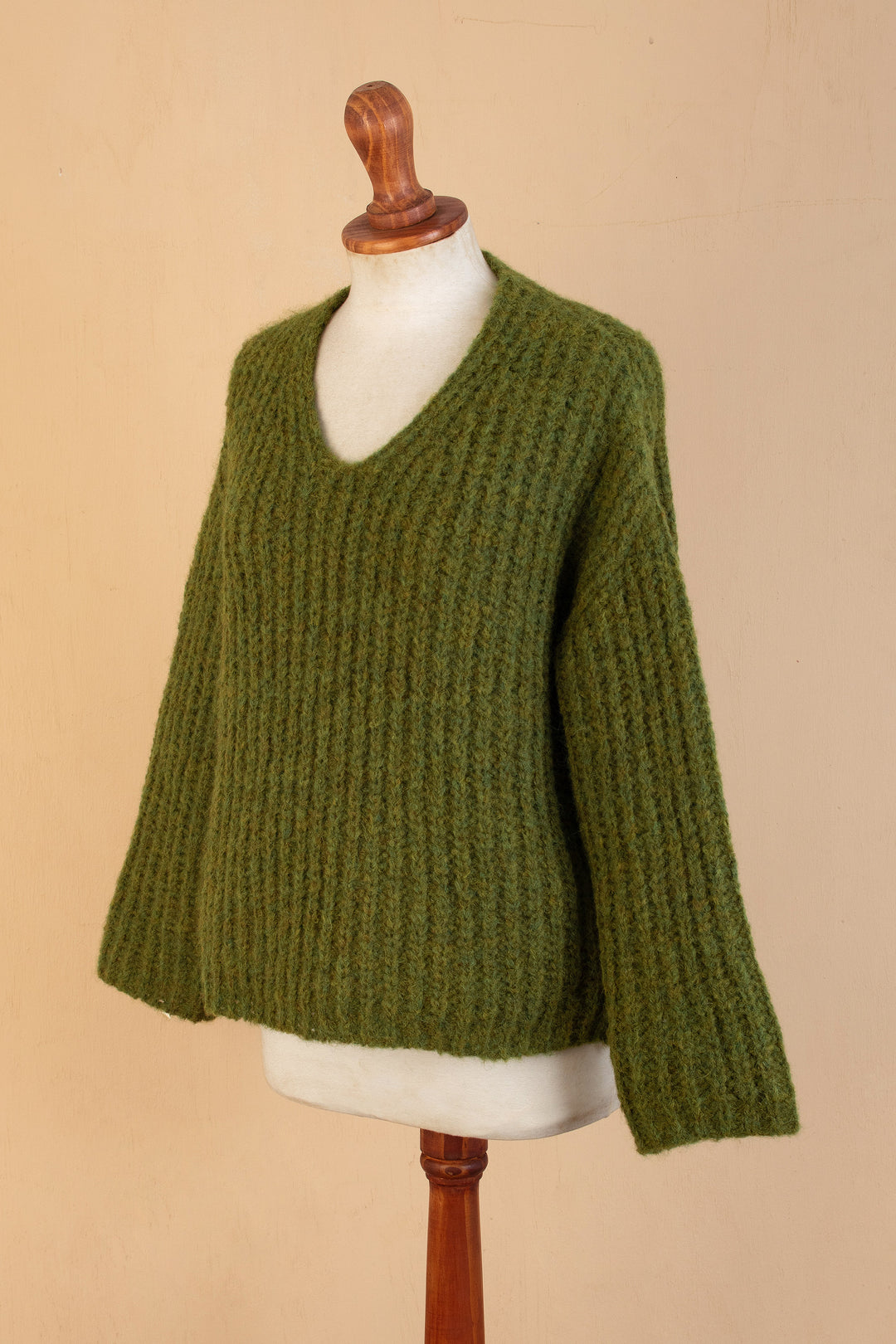 Handloomed Green Alpaca Blend Pullover Sweater from Peru - Green Illusions