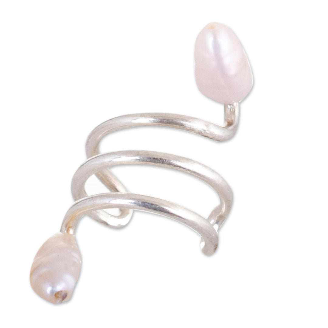 Polished Sterling Silver Ear Cuff with Cultured Pearls - Marine Spirals