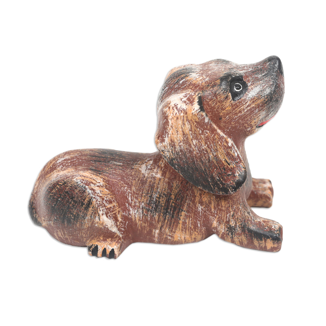 Hand-Carved Brown Suar Wood Sculpture of a Puppy - Loyal Barks