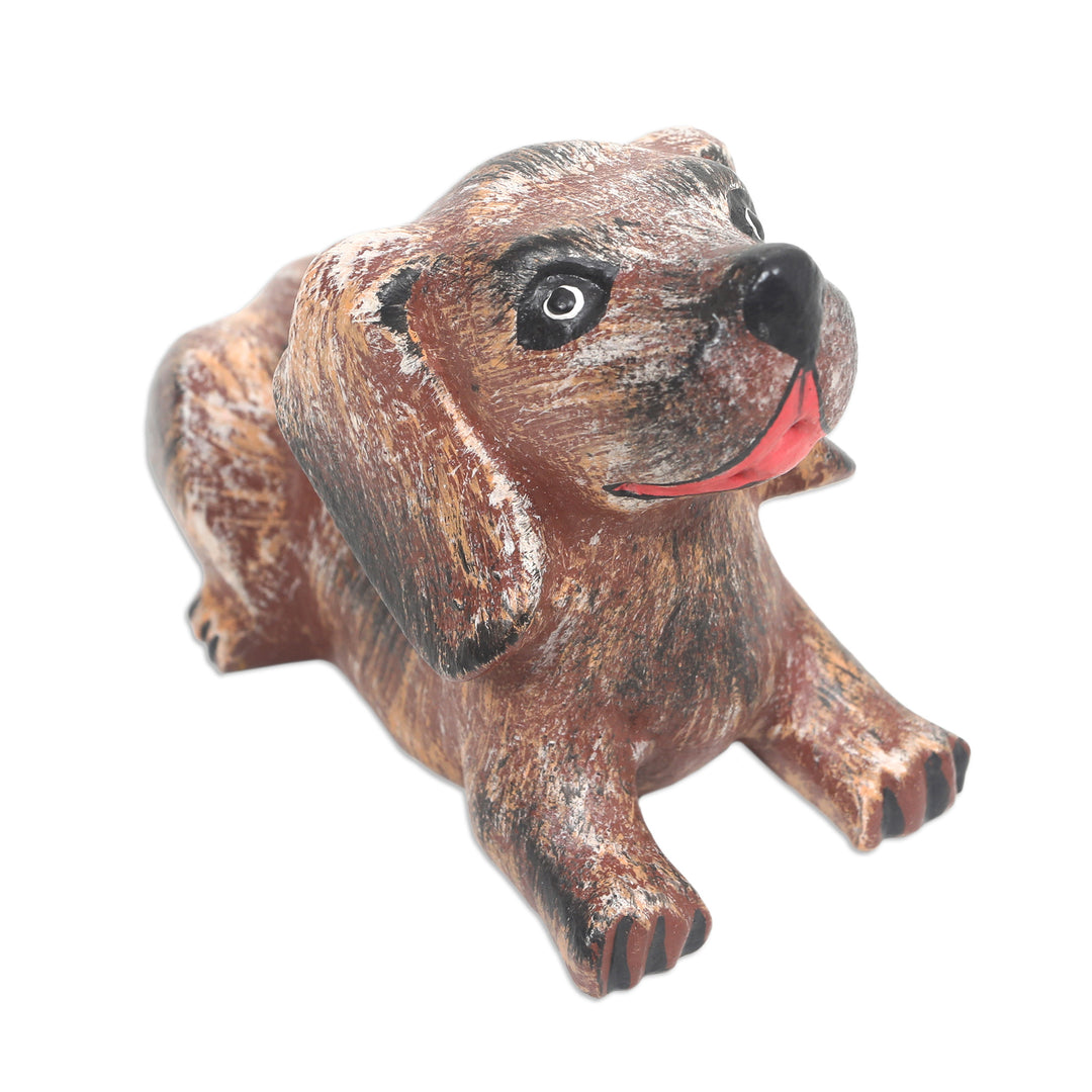 Hand-Carved Brown Suar Wood Sculpture of a Puppy - Loyal Barks