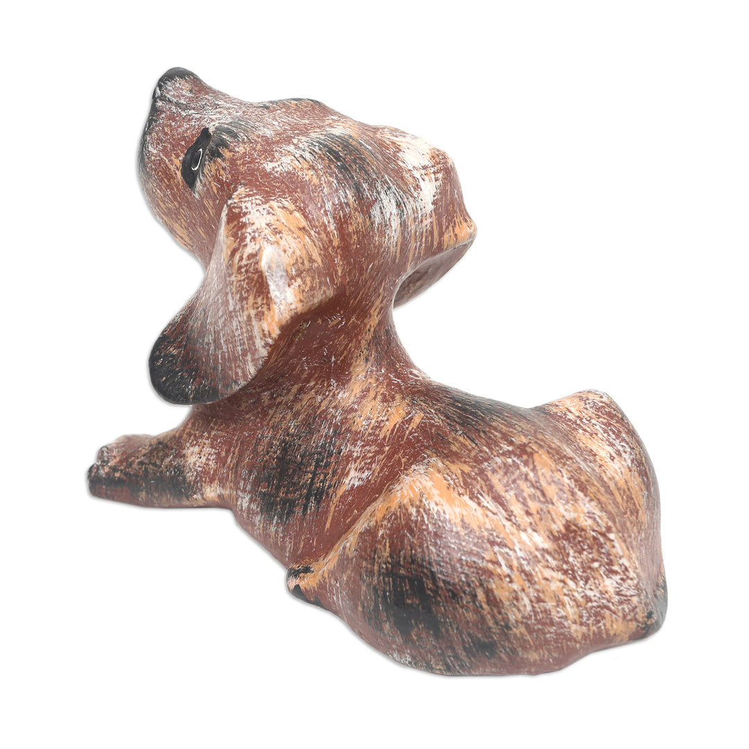 Hand-Carved Brown Suar Wood Sculpture of a Puppy - Loyal Barks