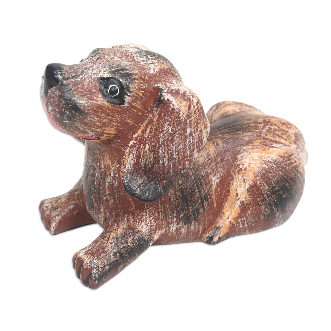 Hand-Carved Brown Suar Wood Sculpture of a Puppy - Loyal Barks