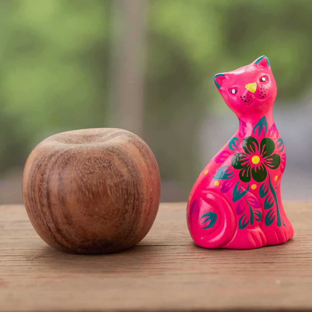 Hand-Painted Pink Ceramic Cat Figurine with Floral Motif - Sweet Cat in Pink