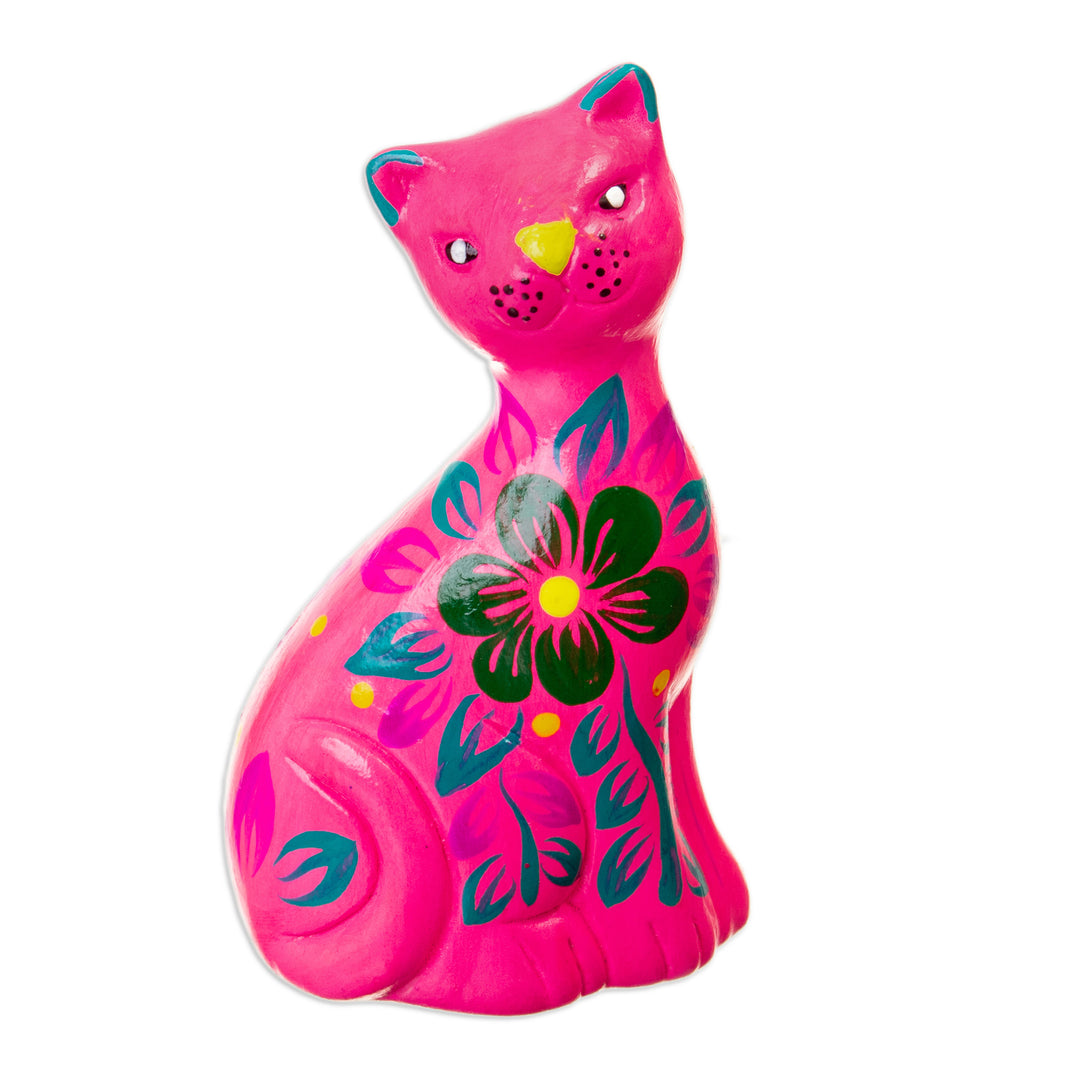 Hand-Painted Pink Ceramic Cat Figurine with Floral Motif - Sweet Cat in Pink