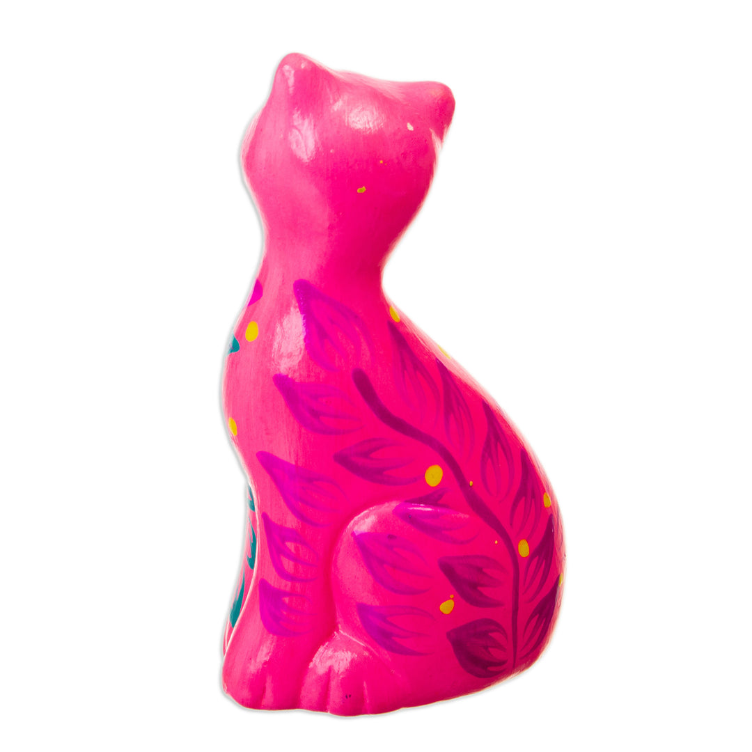 Hand-Painted Pink Ceramic Cat Figurine with Floral Motif - Sweet Cat in Pink