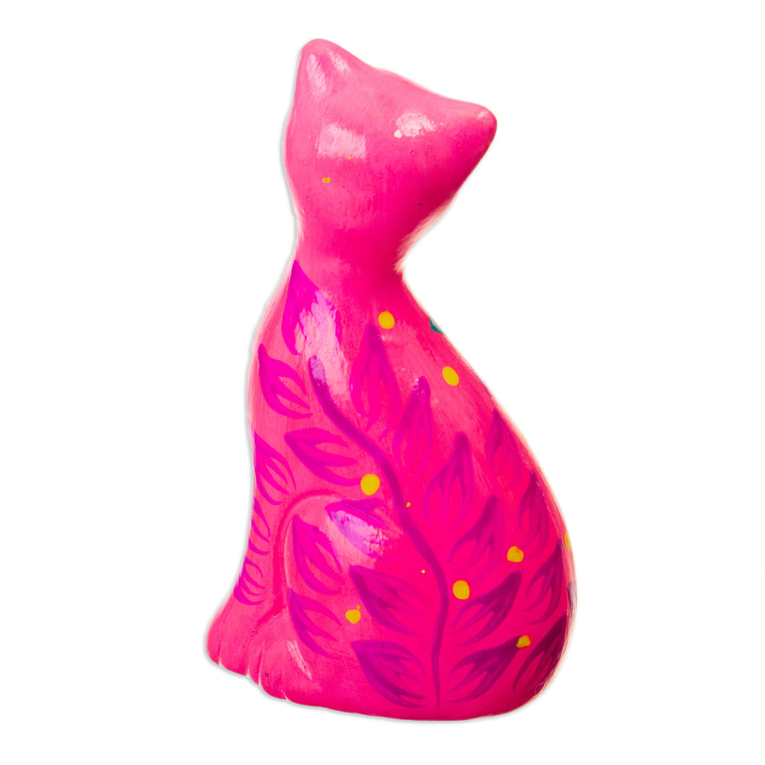 Hand-Painted Pink Ceramic Cat Figurine with Floral Motif - Sweet Cat in Pink