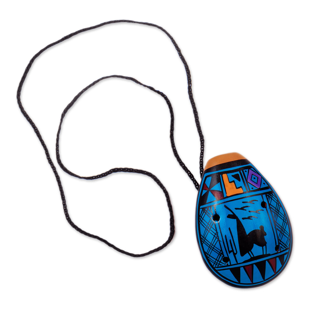 Ceramic Ocarina with Llama Motif Handcrafted in Peru - Blue Wind