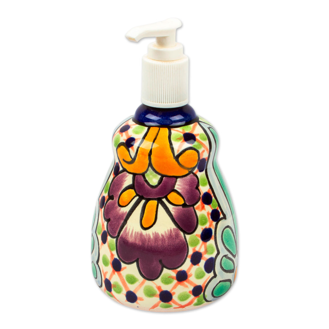 Multicolored Talavera-Style Ceramic Soap Pump from Mexico - Hidalgo Bouquet