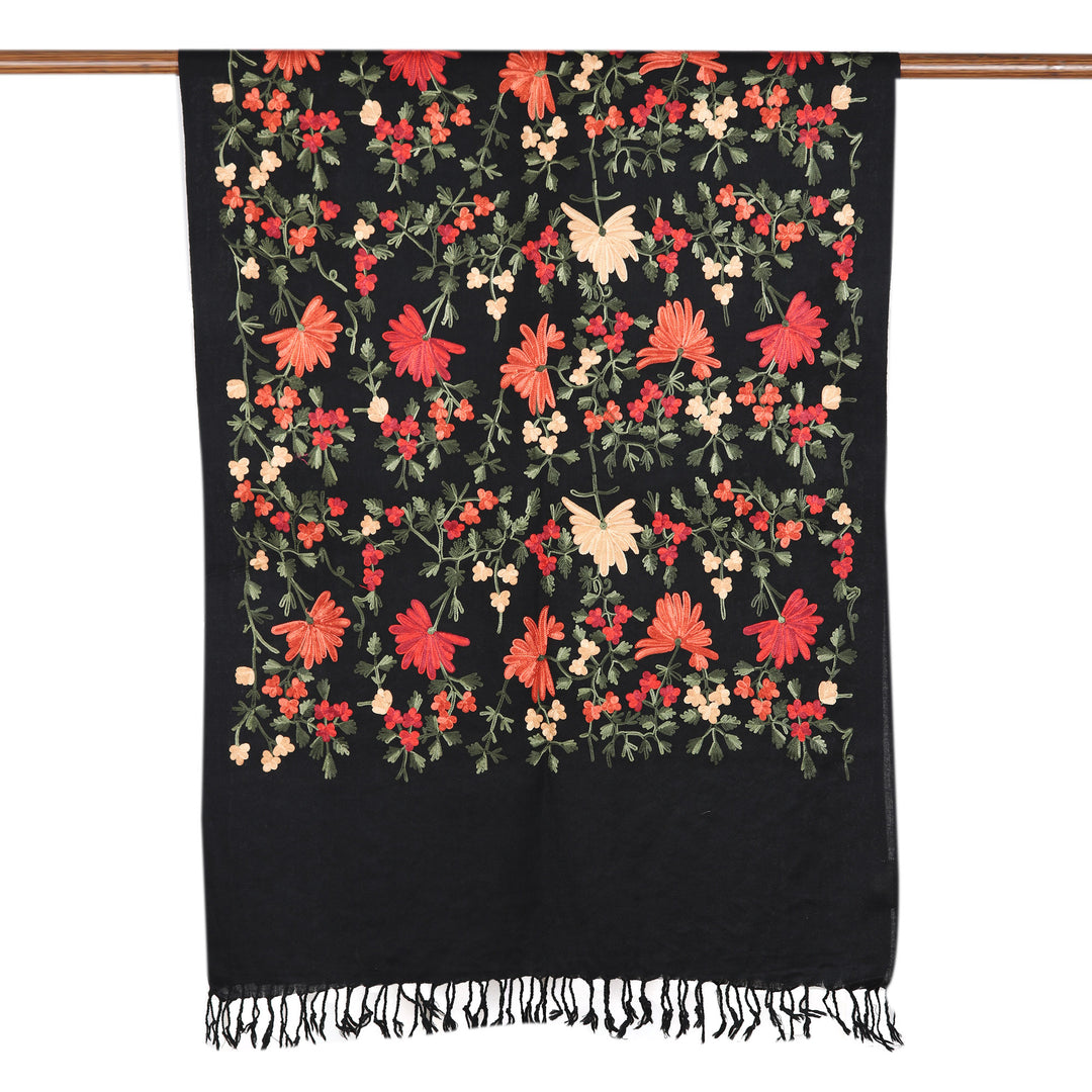 Chain-Stitched Embroidered Wool Shawl with Floral Motifs - Kashmir Blooms