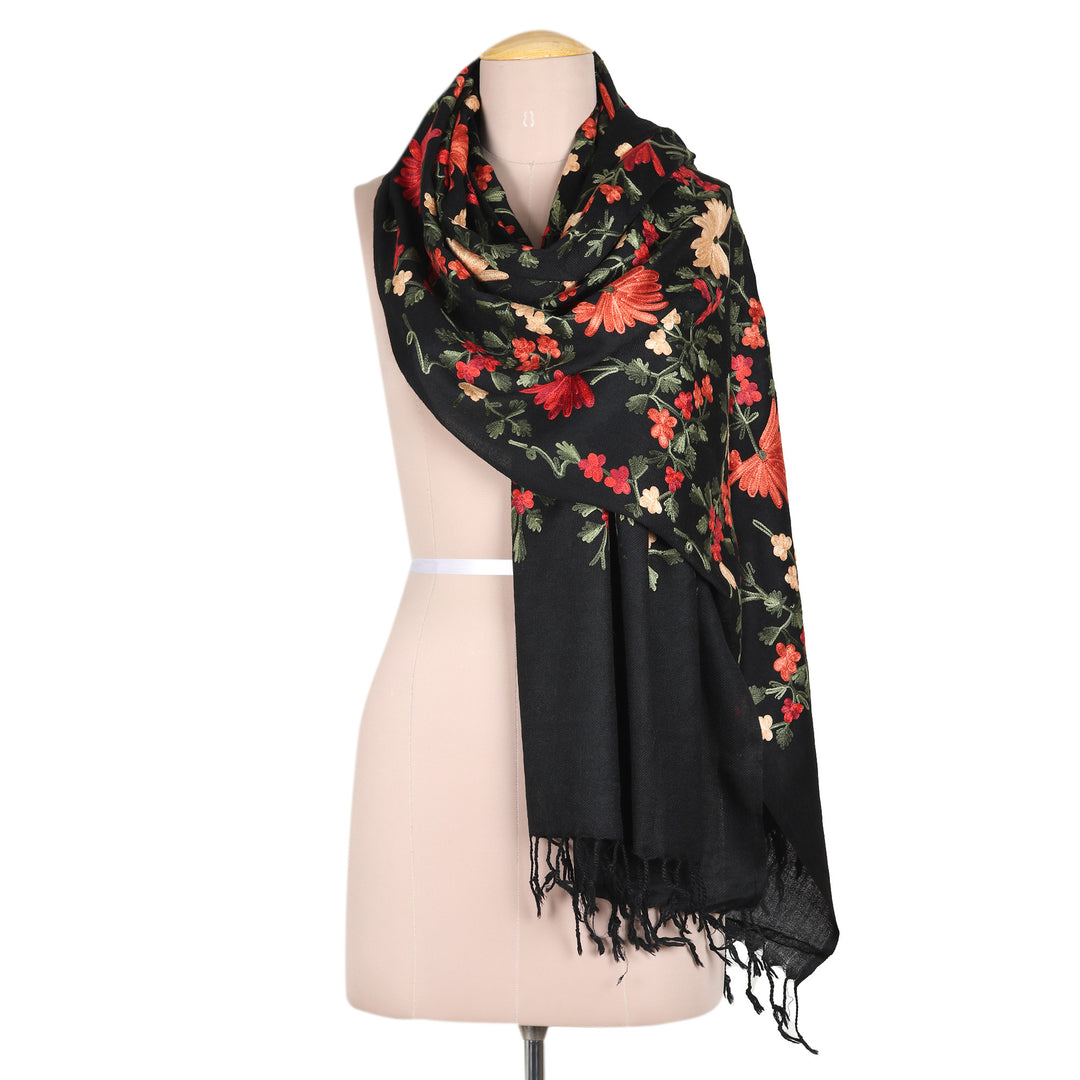 Chain-Stitched Embroidered Wool Shawl with Floral Motifs - Kashmir Blooms