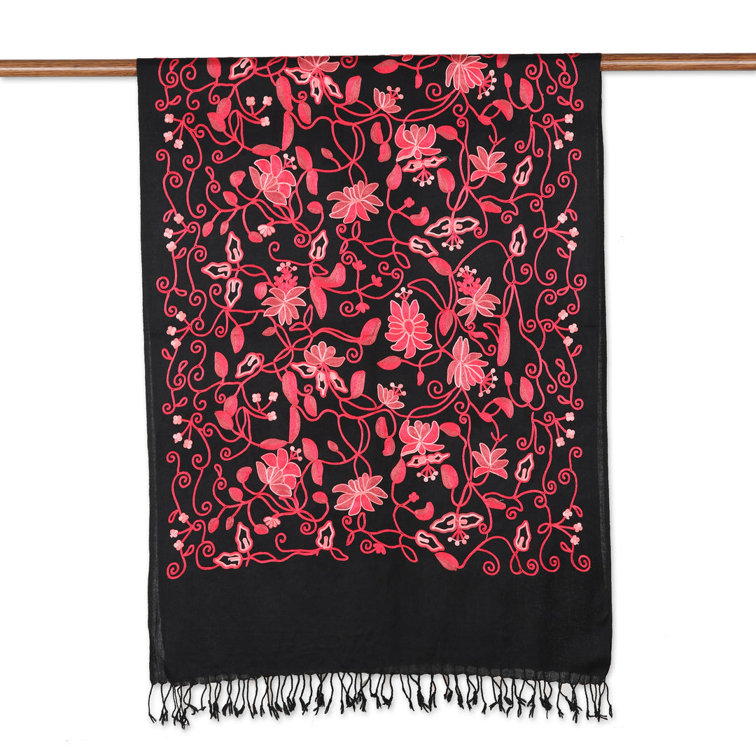 Floral-Themed Wool Shawl with Chain-Stitched Embroidery - Kashmir Dreams