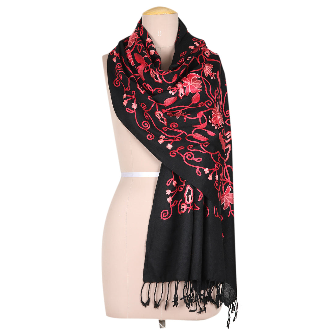 Floral-Themed Wool Shawl with Chain-Stitched Embroidery - Kashmir Dreams