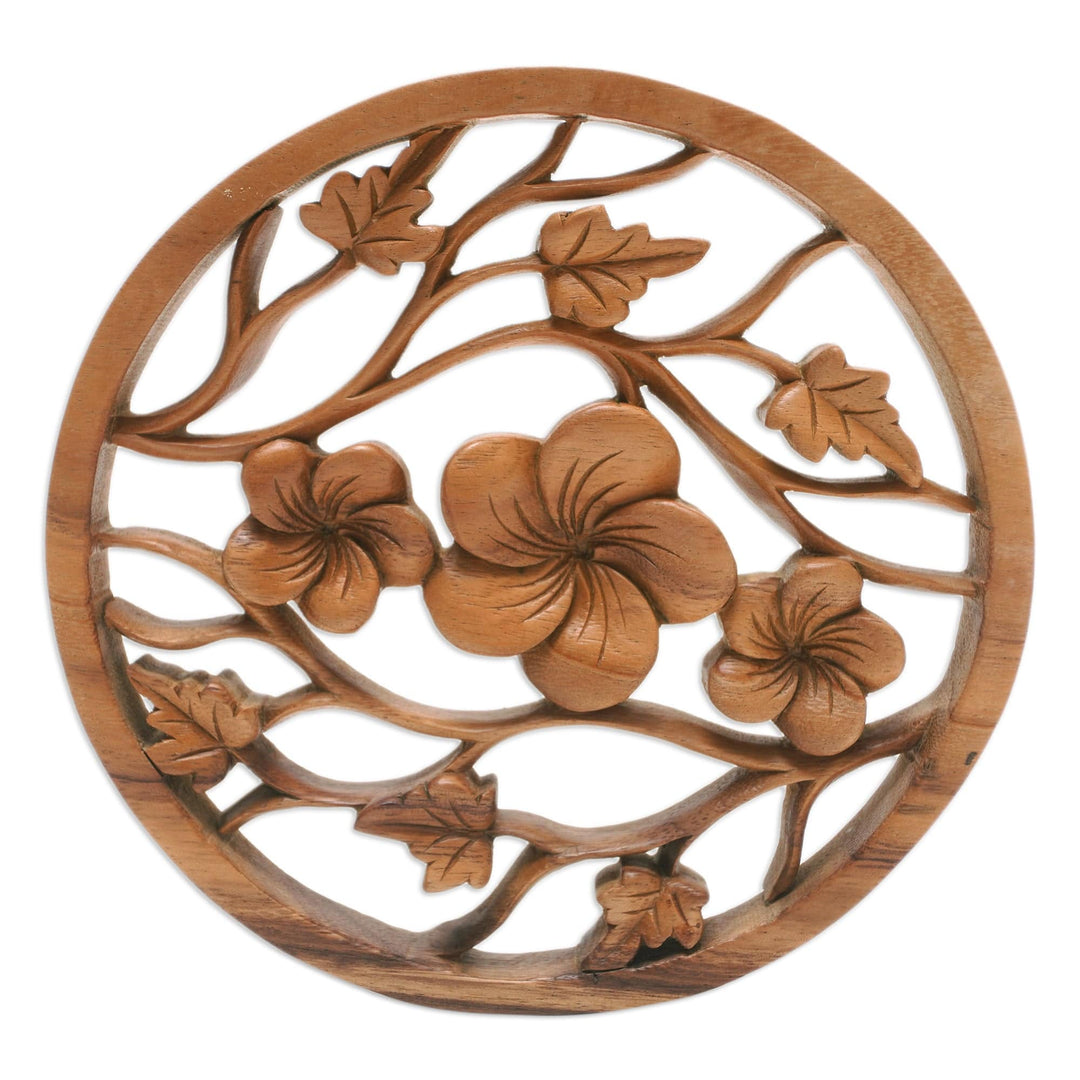 Hand-Carved Wood Relief Panel with Frangipani and Leaf Motif - Frangipani Trio