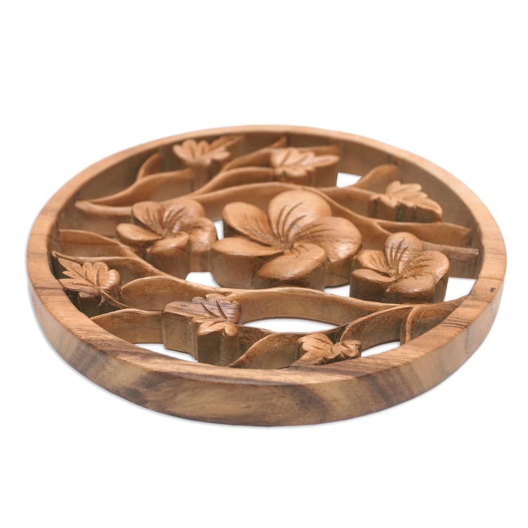 Hand-Carved Wood Relief Panel with Frangipani and Leaf Motif - Frangipani Trio