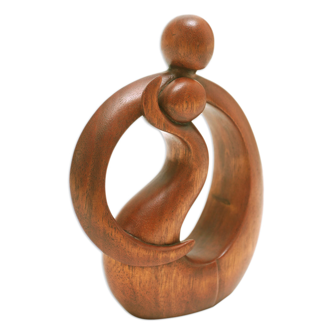 Hand-Carved Suar Wood Abstract Sculpture of Father and Son - Son's Happiness