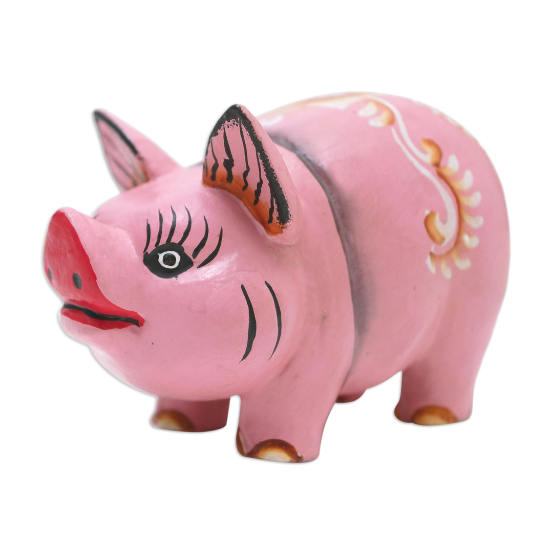 Pig Suar Wood Figurine Hand-Carved & Hand-Painted in Bali - Fashionable Piggy