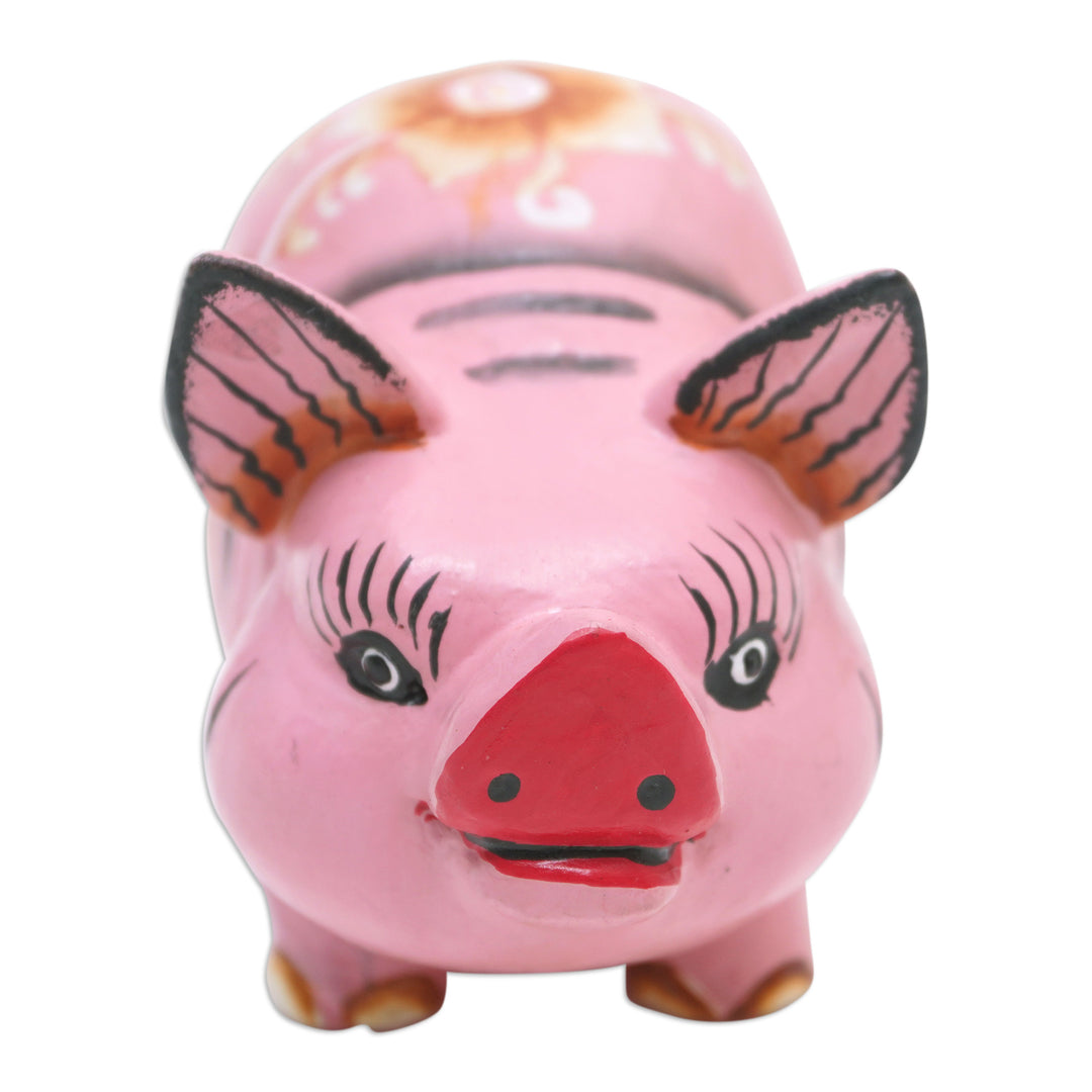 Pig Suar Wood Figurine Hand-Carved & Hand-Painted in Bali - Fashionable Piggy
