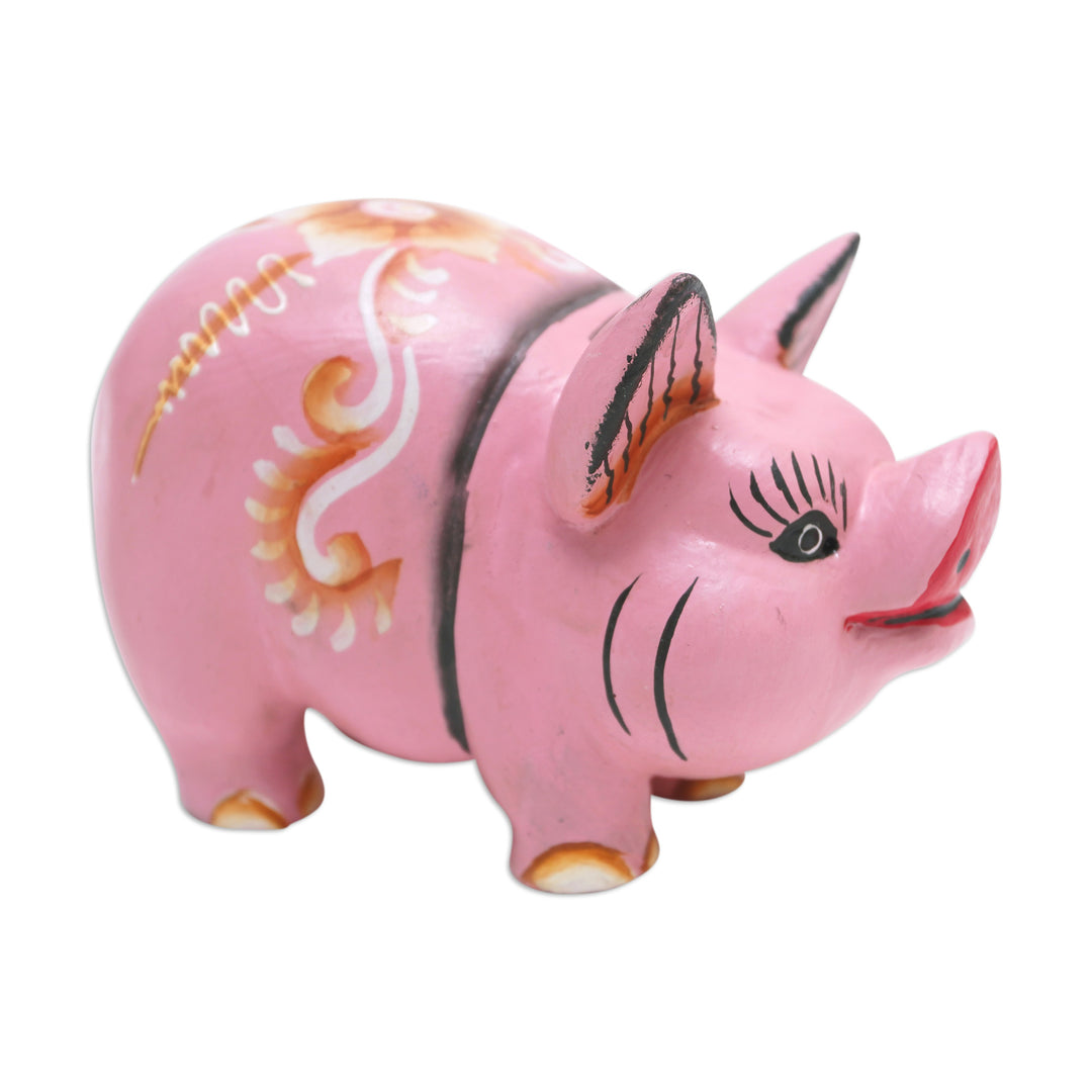 Pig Suar Wood Figurine Hand-Carved & Hand-Painted in Bali - Fashionable Piggy