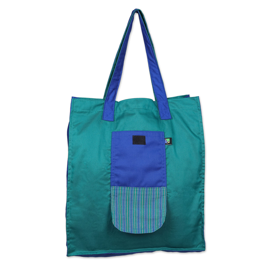 Hand-Woven Foldable Cotton Tote Bag with Java Lurik Pattern - Turquoise Gejayan