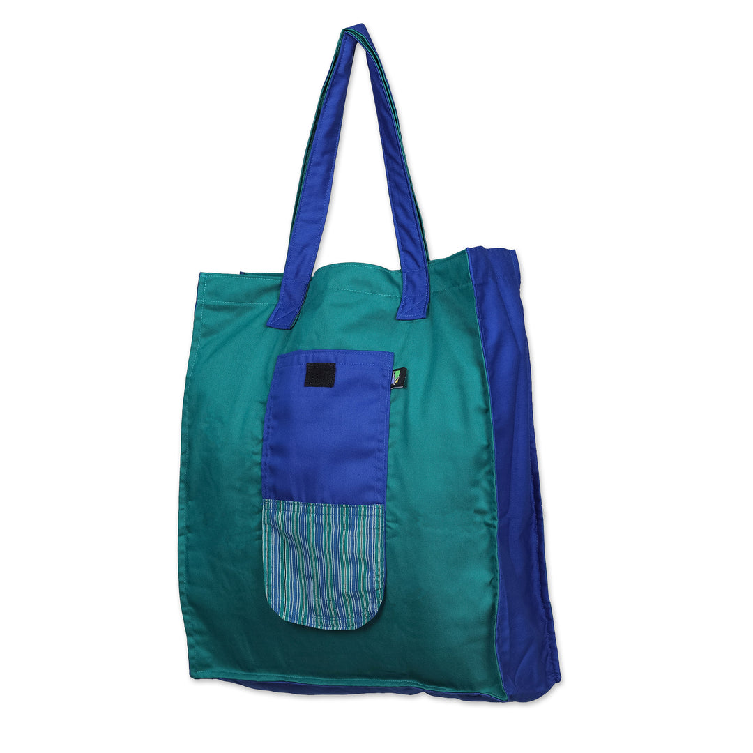 Hand-Woven Foldable Cotton Tote Bag with Java Lurik Pattern - Turquoise Gejayan