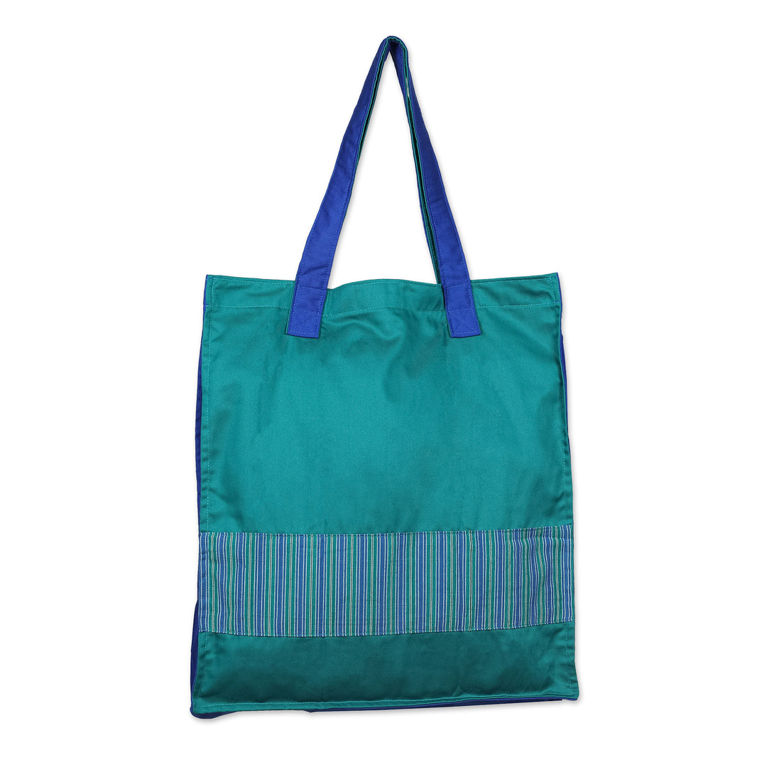 Hand-Woven Foldable Cotton Tote Bag with Java Lurik Pattern - Turquoise Gejayan