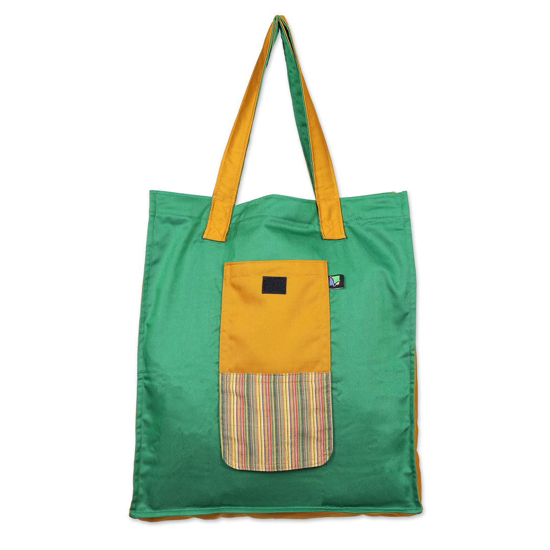 Green Foldable Cotton Tote Bag with Javanese Lurik Pattern - Green Gejayan