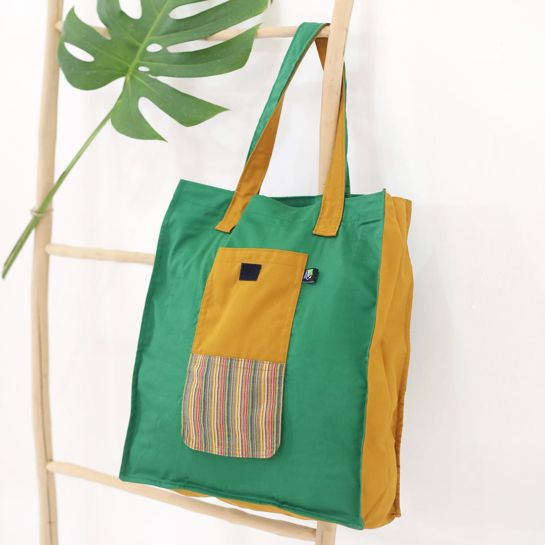 Green Foldable Cotton Tote Bag with Javanese Lurik Pattern - Green Gejayan