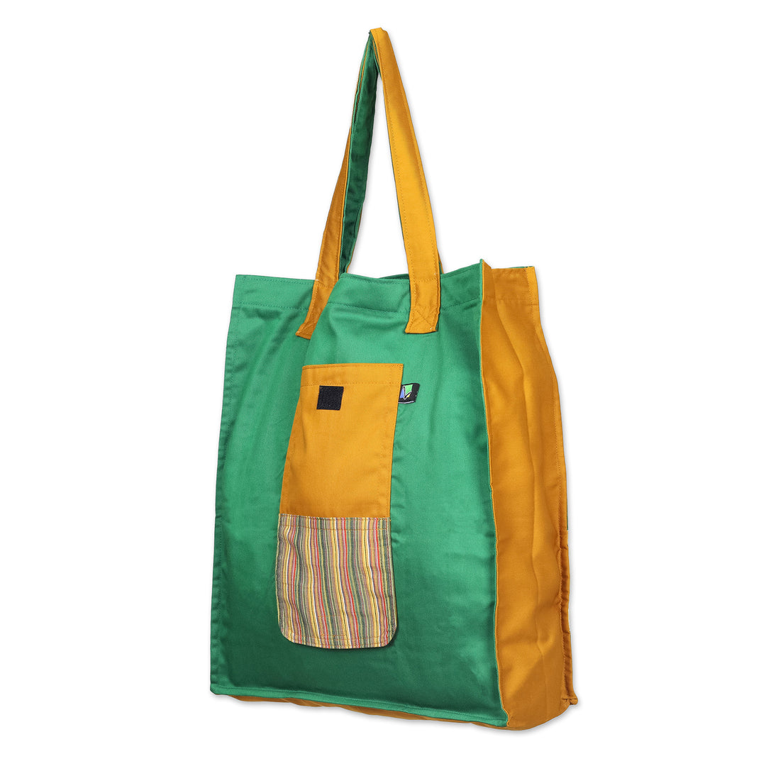Green Foldable Cotton Tote Bag with Javanese Lurik Pattern - Green Gejayan