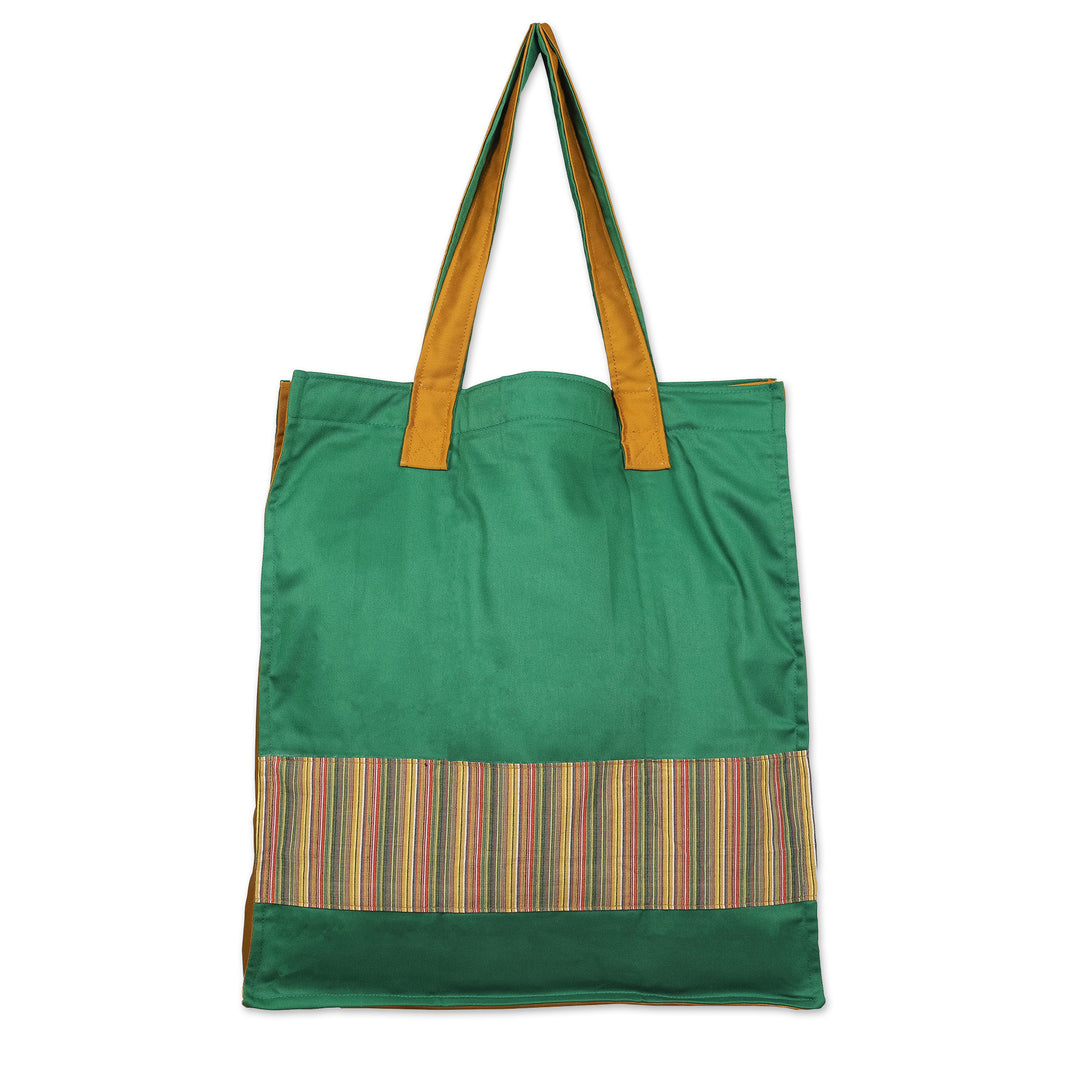 Green Foldable Cotton Tote Bag with Javanese Lurik Pattern - Green Gejayan