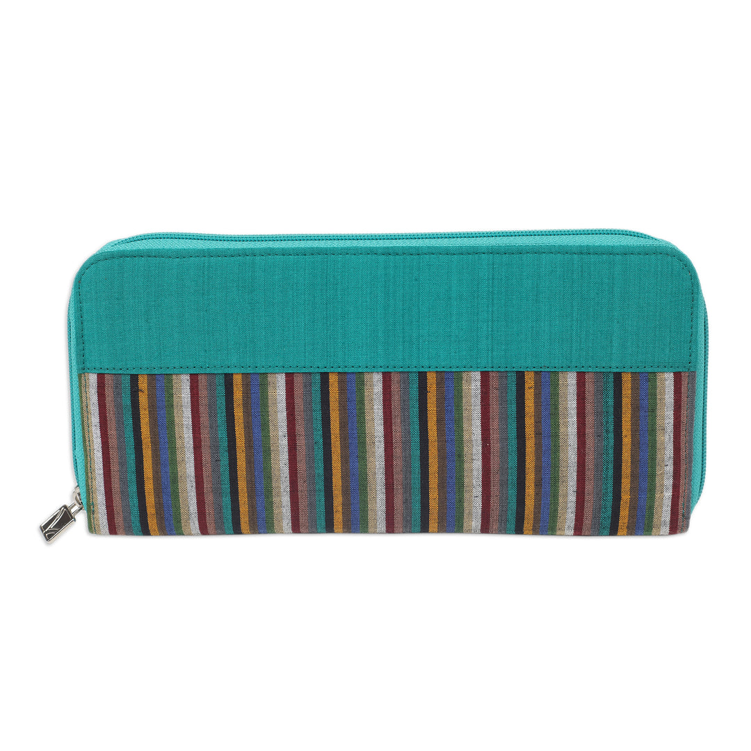 Handwoven Turquoise Striped Cotton Wallet with Zipper - Humble Lurik Turquoise