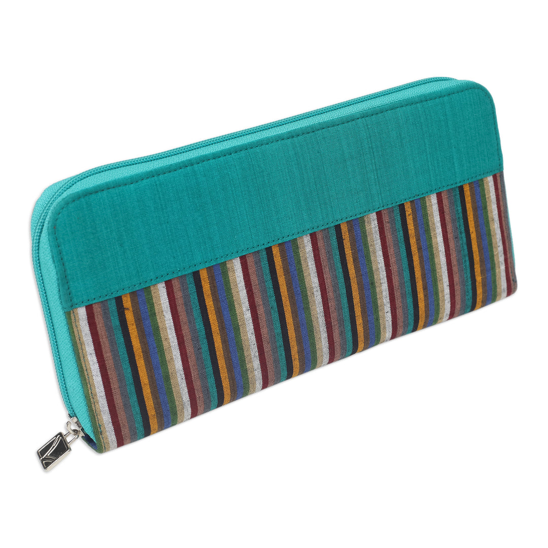 Handwoven Turquoise Striped Cotton Wallet with Zipper - Humble Lurik Turquoise
