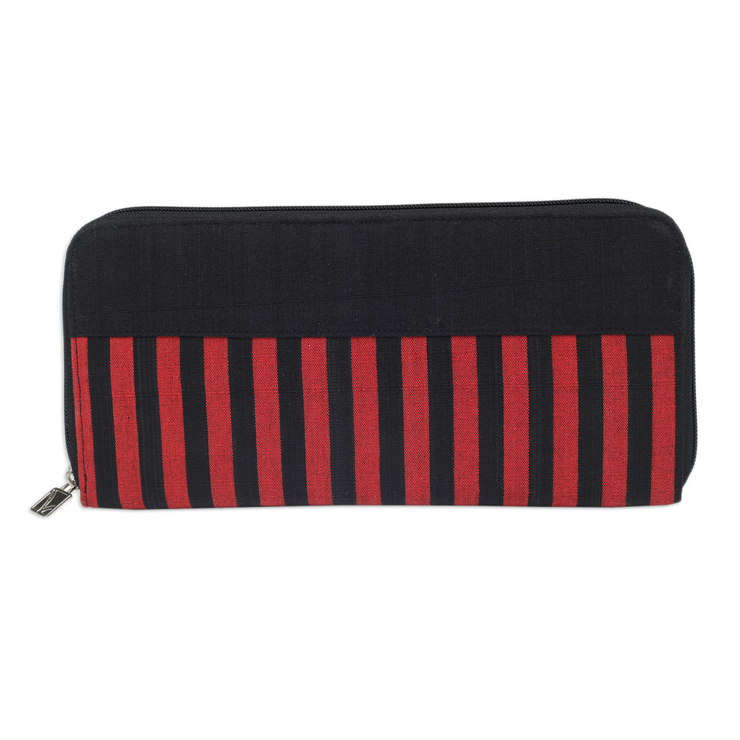 Handcrafted Black and Red Striped Cotton Wallet from Java - Crimson Trips