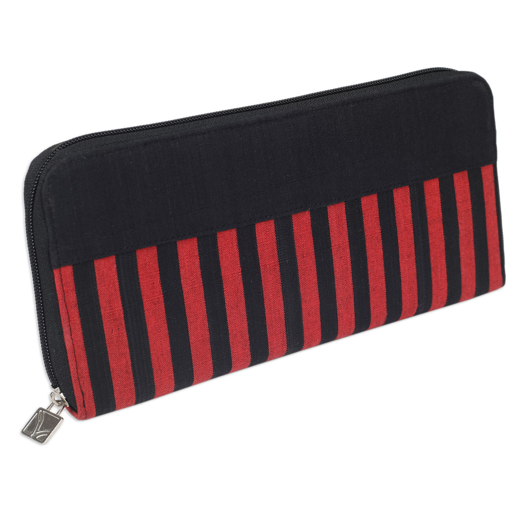 Handcrafted Black and Red Striped Cotton Wallet from Java - Crimson Trips