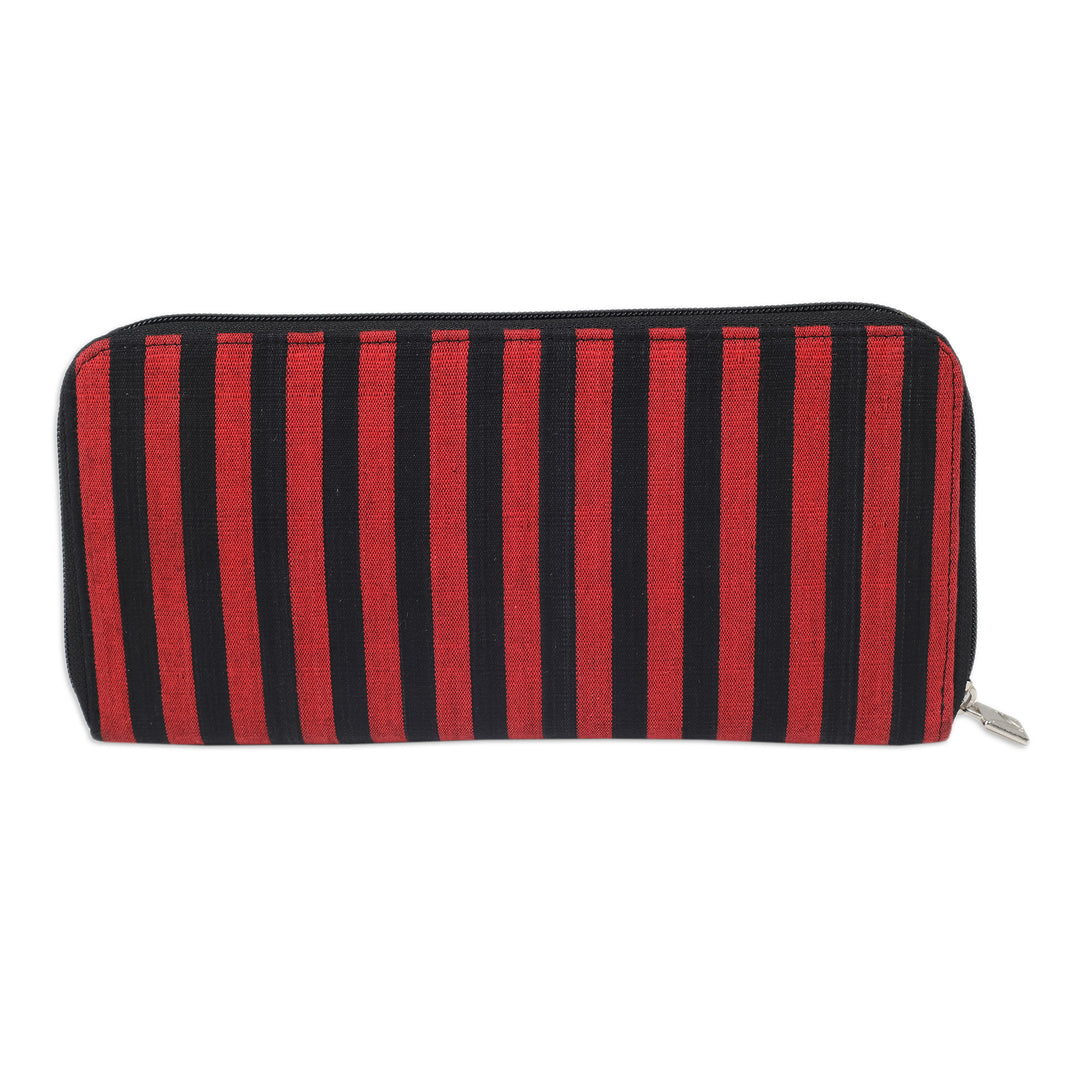Handcrafted Black and Red Striped Cotton Wallet from Java - Crimson Trips