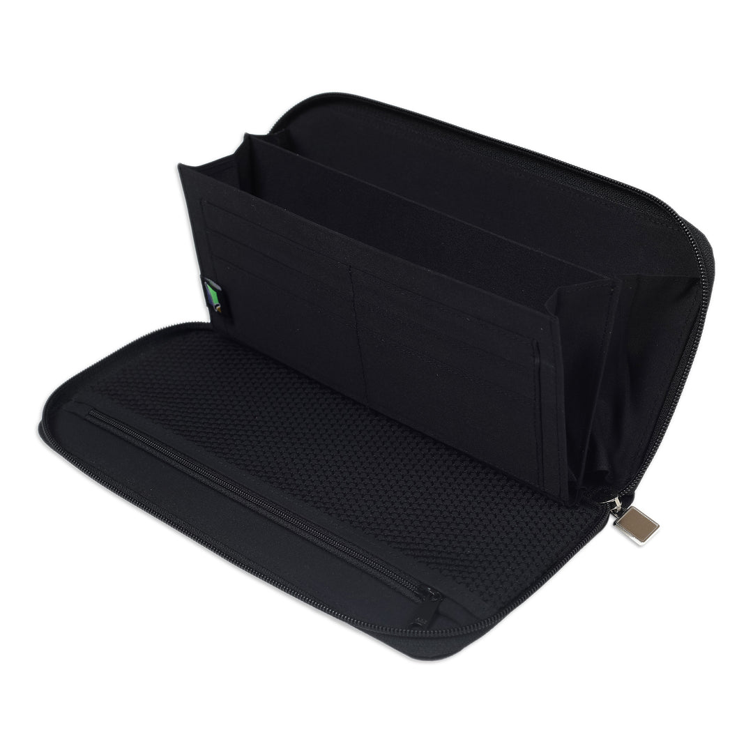 Handcrafted Black and Red Striped Cotton Wallet from Java - Crimson Trips