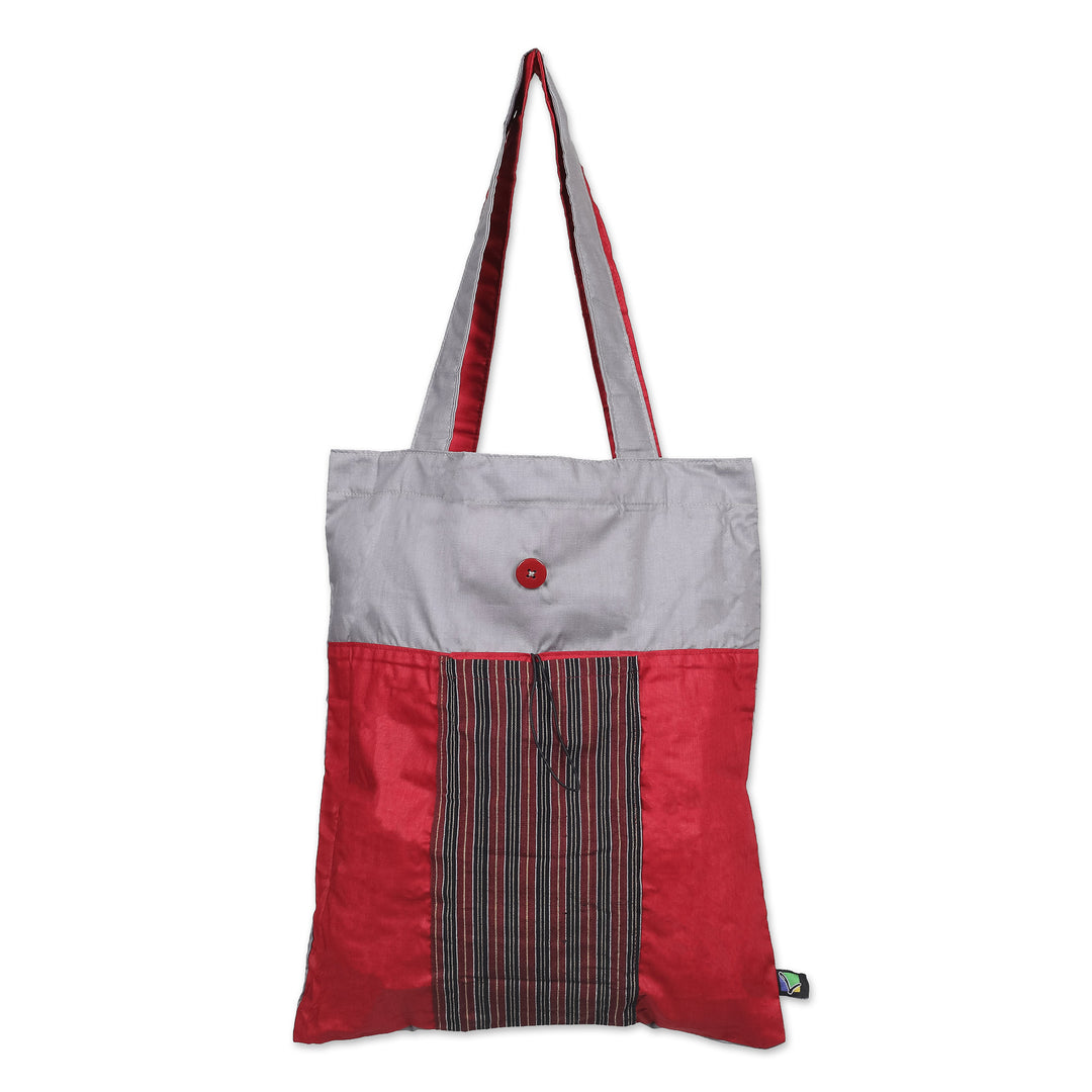 Red Foldable Cotton Tote Bag with Javanese Lurik Pattern - Red Gejayan