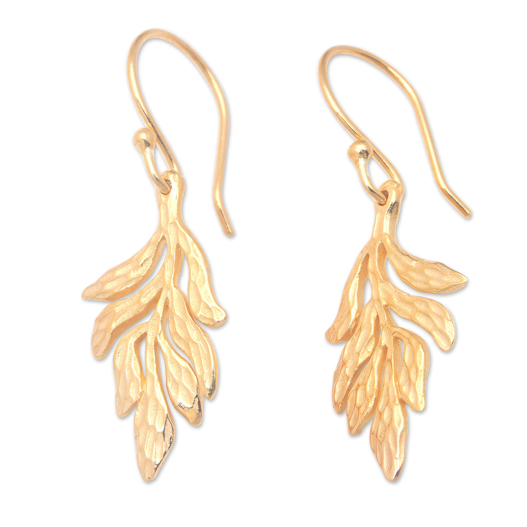 Leafy 18k Gold-Plated Brass Dangle Earrings from Bali - Palatial Forest