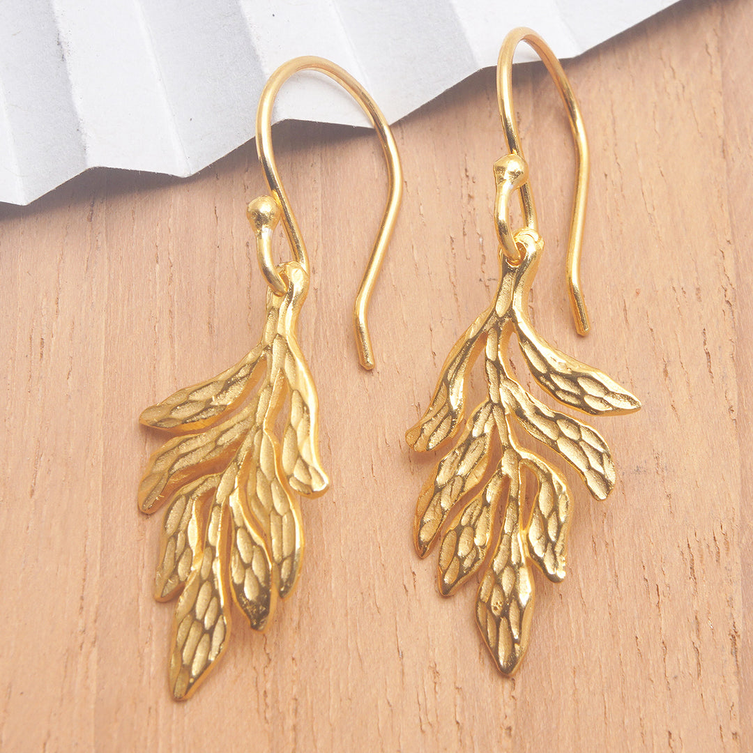 Leafy 18k Gold-Plated Brass Dangle Earrings from Bali - Palatial Forest