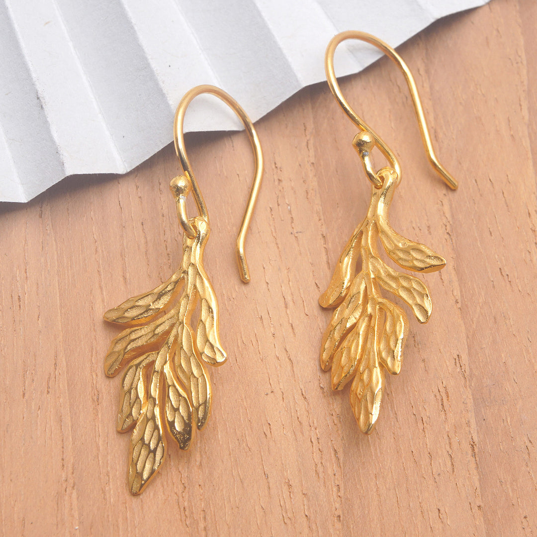 Leafy 18k Gold-Plated Brass Dangle Earrings from Bali - Palatial Forest