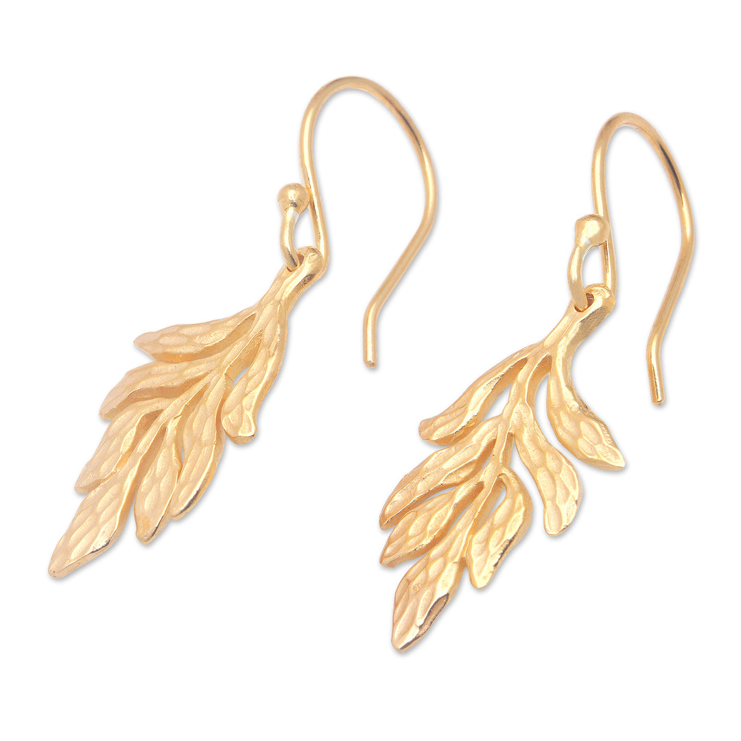 Leafy 18k Gold-Plated Brass Dangle Earrings from Bali - Palatial Forest