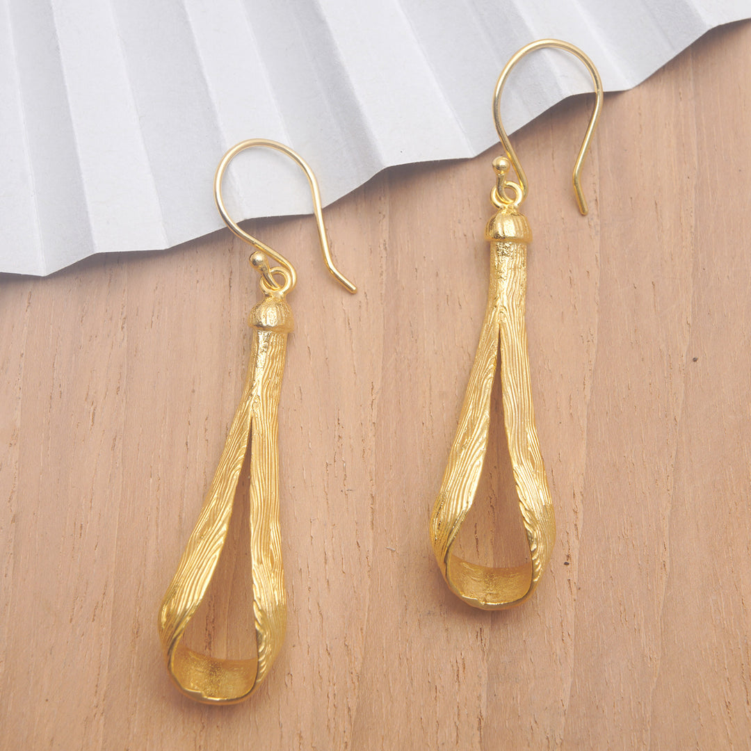 Modern 18k Gold-Plated Brass Dangle Earrings Crafted in Bali - Ligneous Glamour