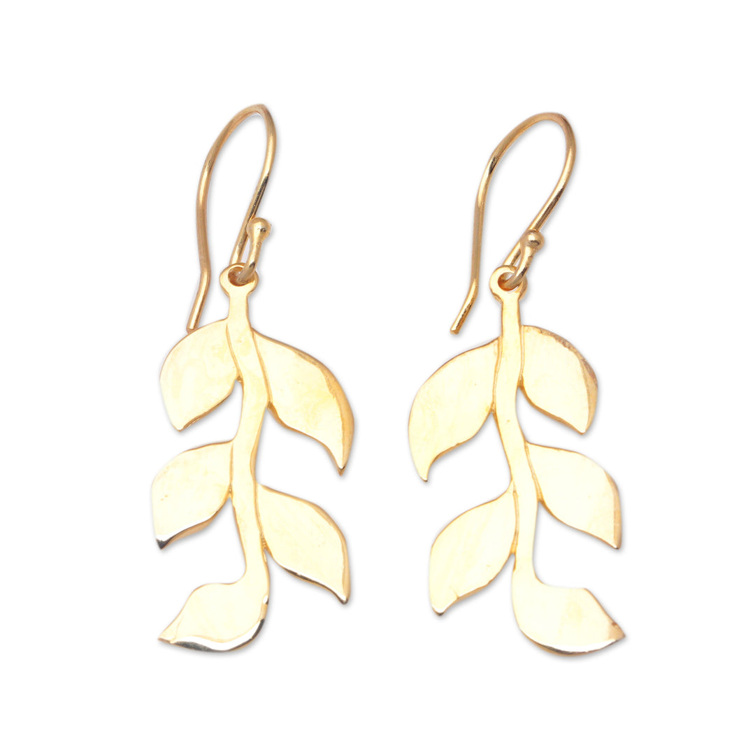 Leafy 18k Gold-Plated Brass Dangle Earrings Crafted in Bali - Imperial Foliage