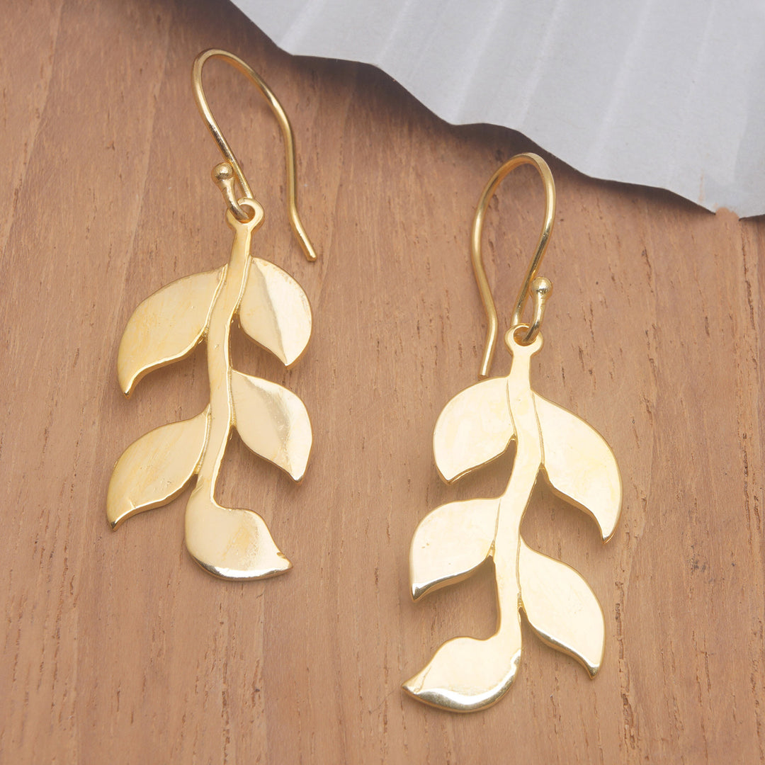 Leafy 18k Gold-Plated Brass Dangle Earrings Crafted in Bali - Imperial Foliage