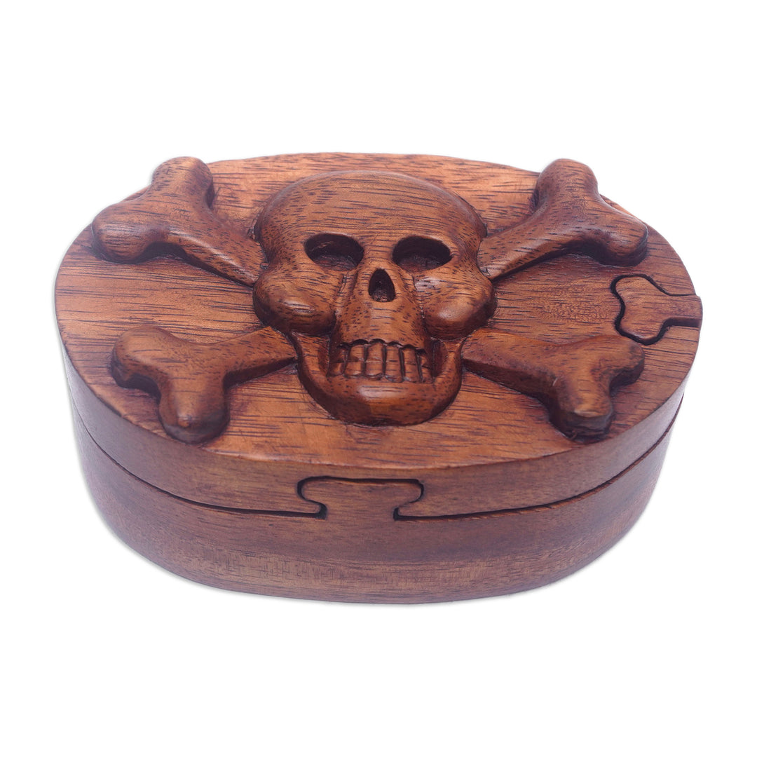 Hand-Carved Pirate-Themed Suar Wood Puzzle Box from Bali - Pirate Treasure