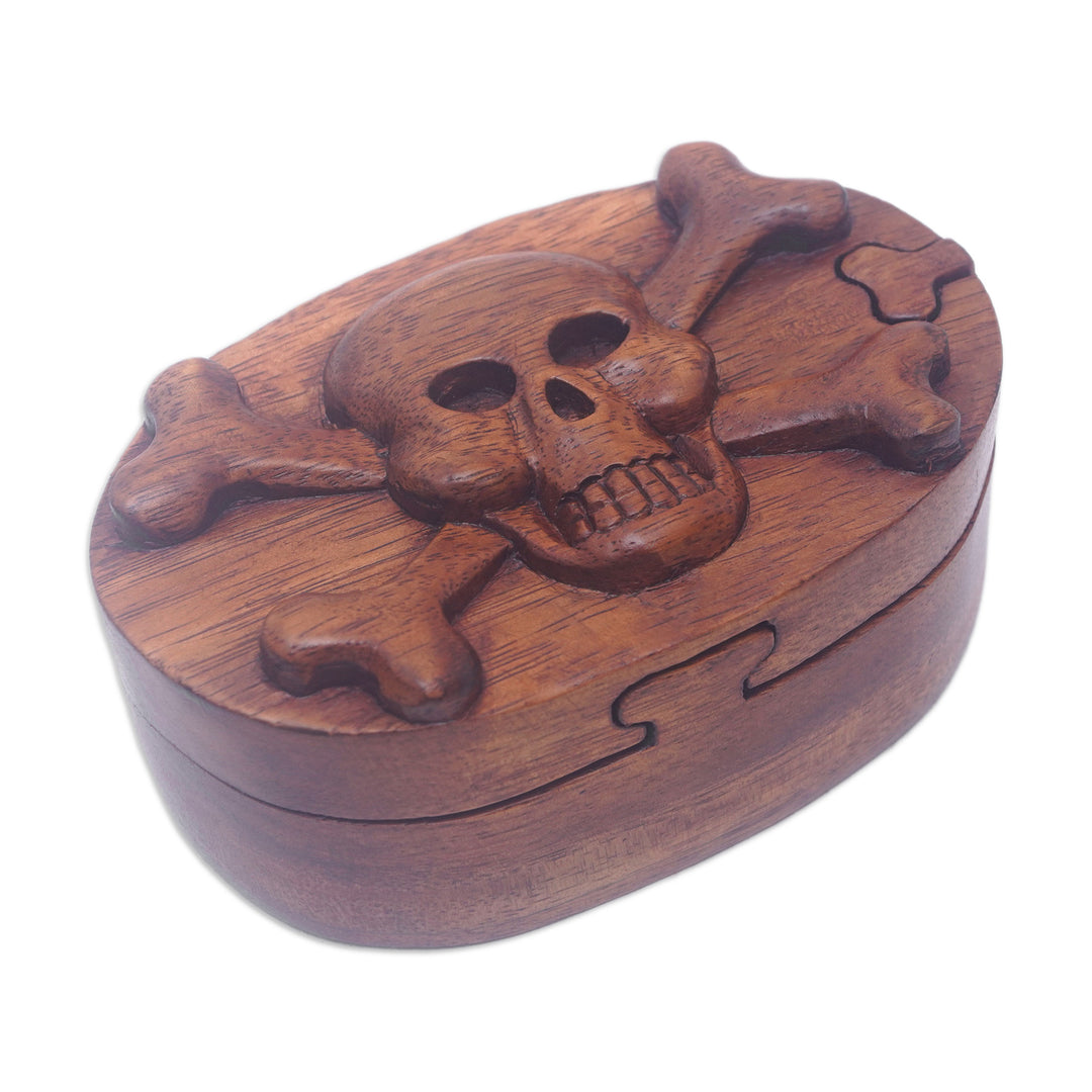 Hand-Carved Pirate-Themed Suar Wood Puzzle Box from Bali - Pirate Treasure