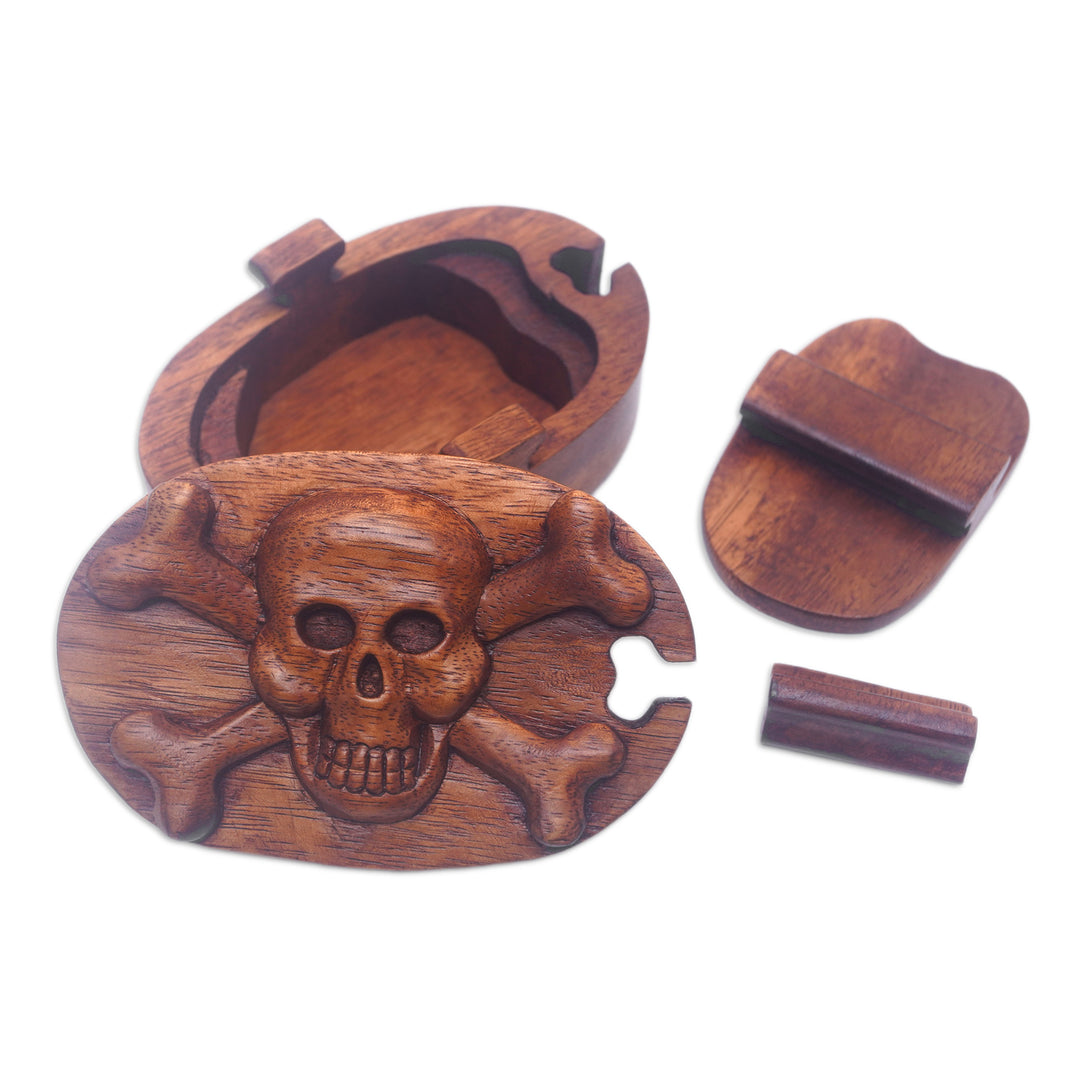 Hand-Carved Pirate-Themed Suar Wood Puzzle Box from Bali - Pirate Treasure