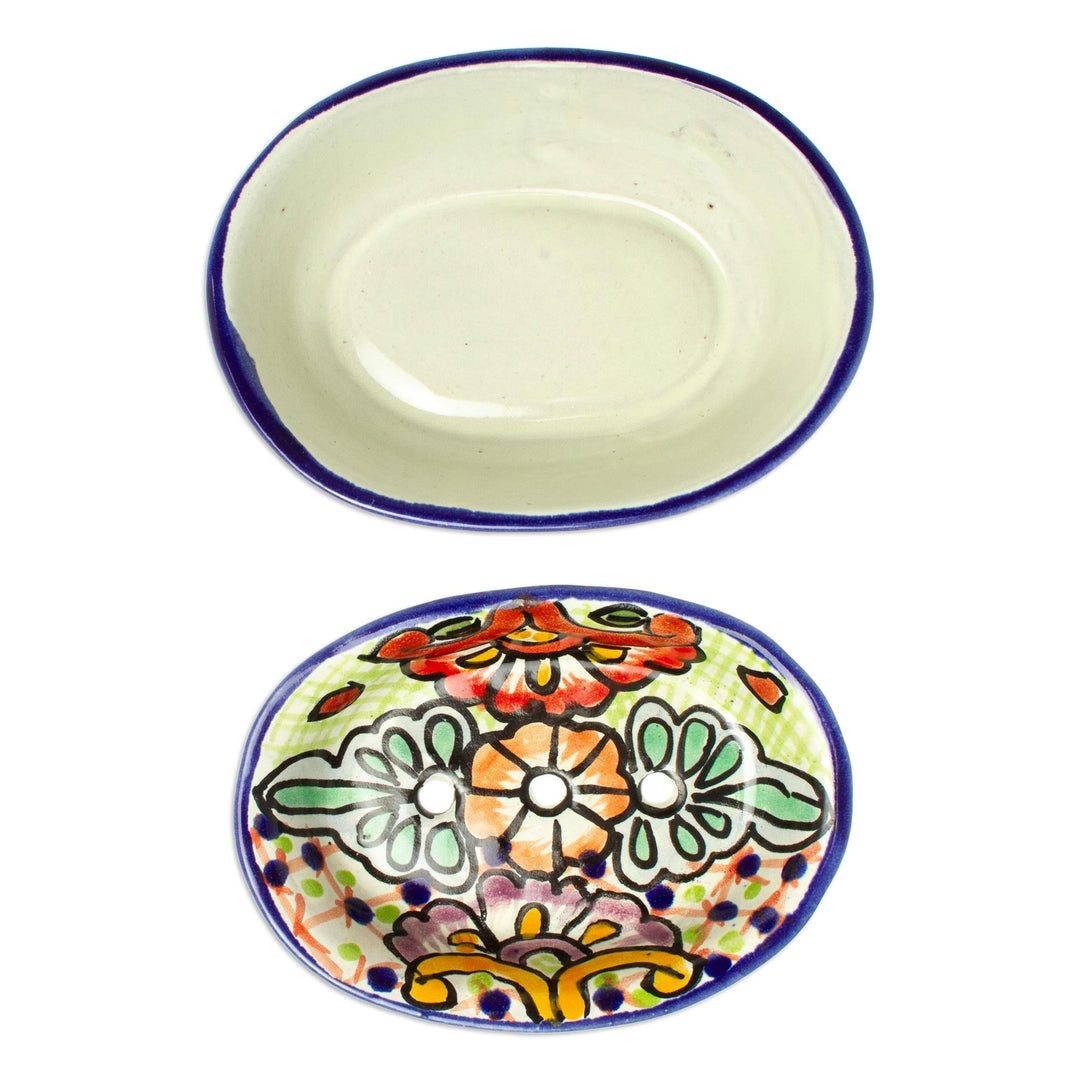 Talavera-Style Ceramic Soap Dish from Mexico - Hidalgo Bouquet