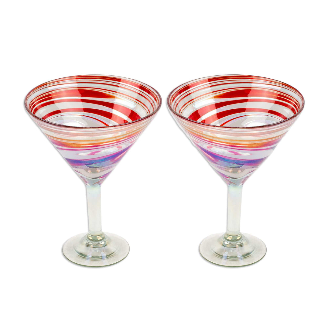 Pair of Eco-Friendly Red and White Handblown Martini Glasses - Tropical Swirl